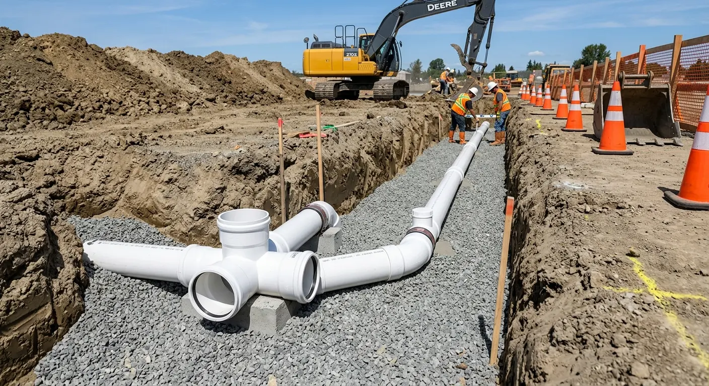 New PVC sewer pipe installation in open trench for Sewer Backup in Oronoko