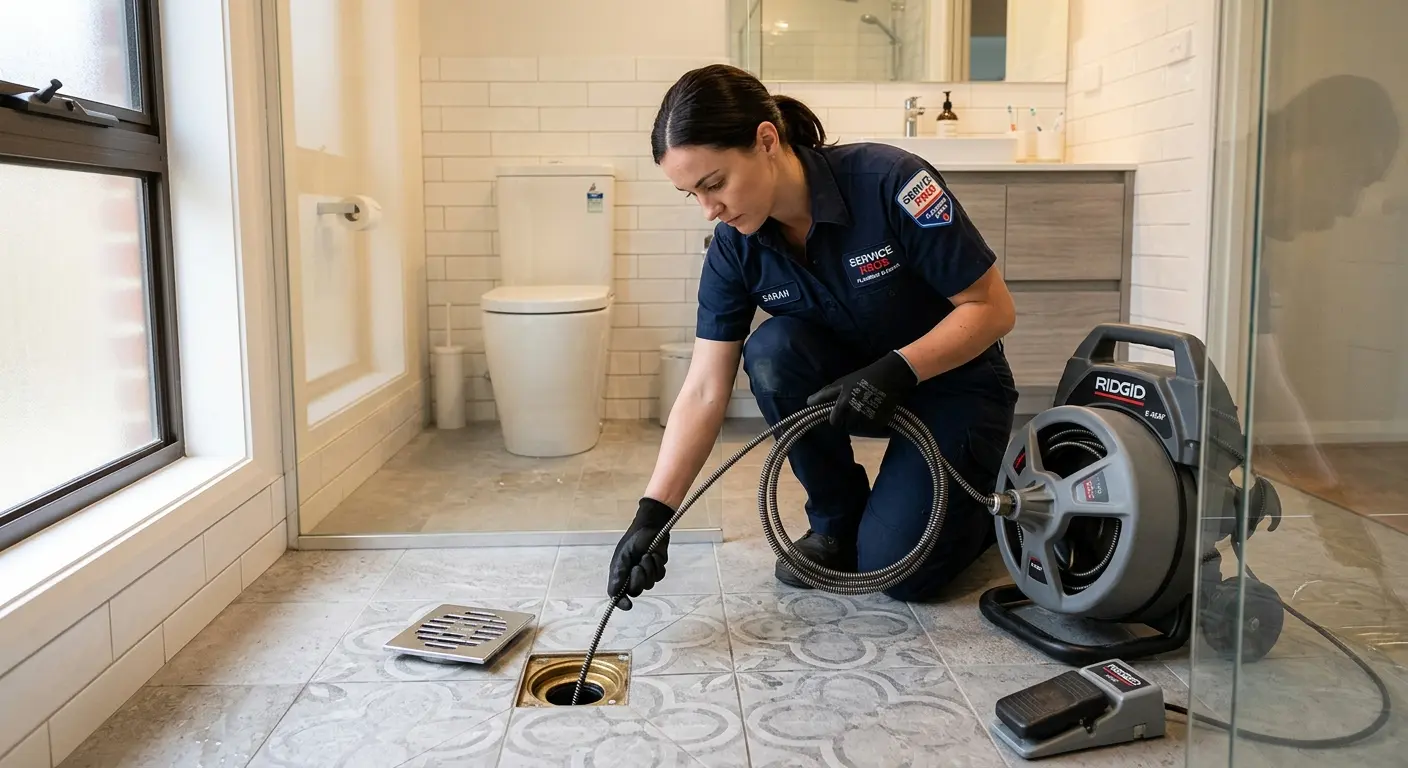 Technician clearing a bathroom floor drain for Sewer Line Replacement in Oronoko
